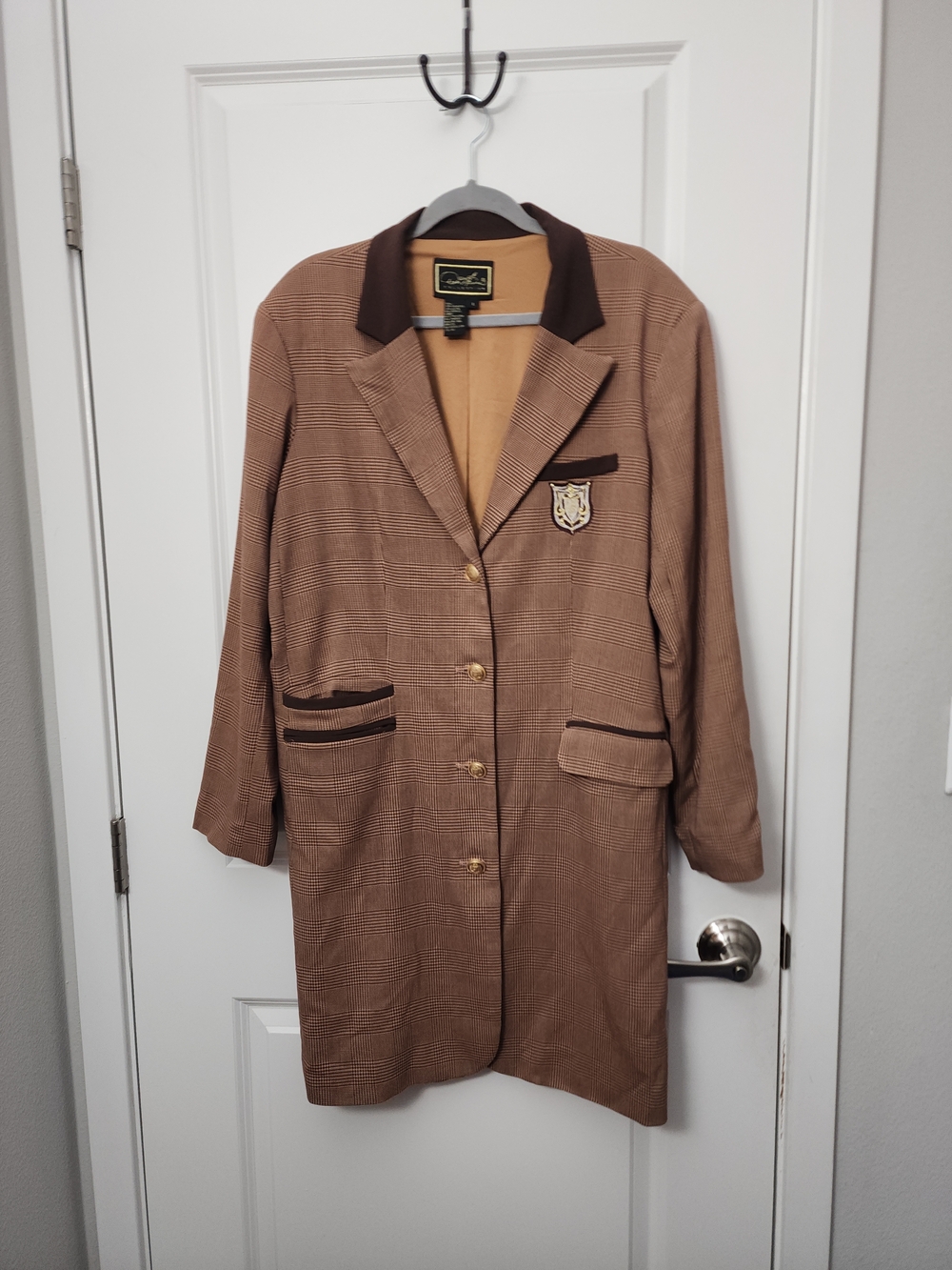 DG2 by Diane Gilman Brown Plaid Long Blazer with Dark Trim